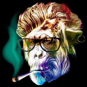 Illustration of monkey in sunglasses with a cigarette and big hair.