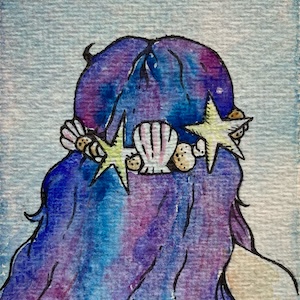 Watercolor of purple mermaid hair with shells.