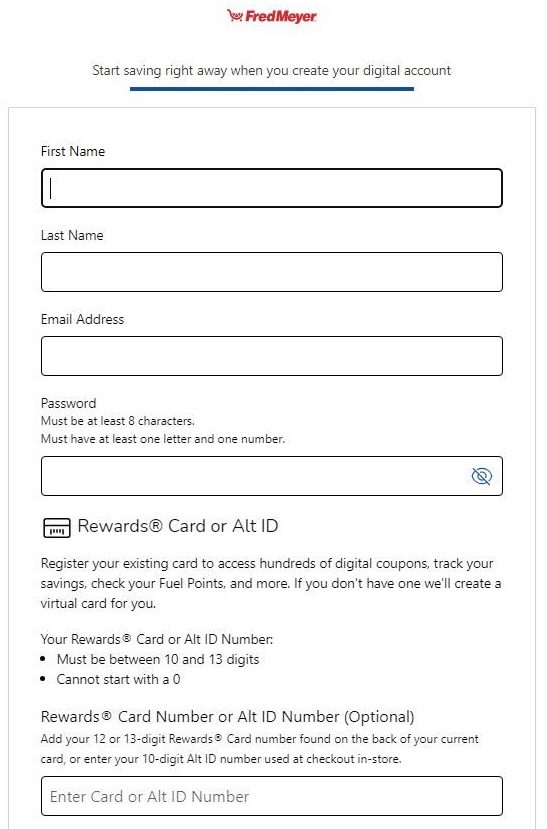 Screenshot of account creation form from Fred Meyer