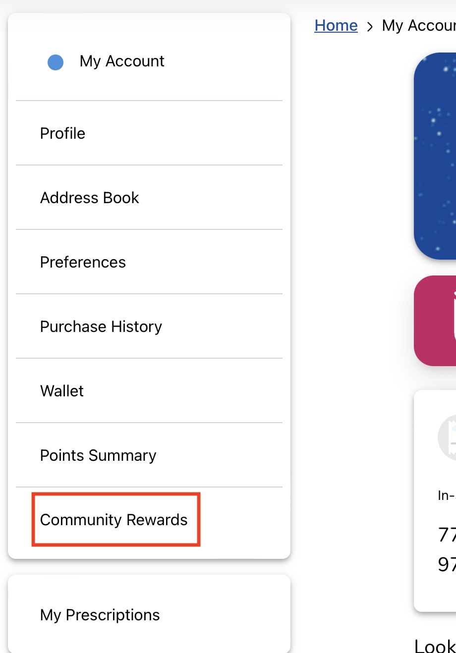 Screenshot of side menu showing Community Rewards section of Fred Meyer