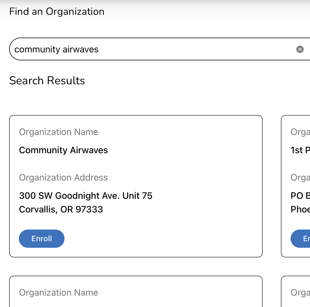 Screenshot of the find organization page for Fred Meyer community rewards.